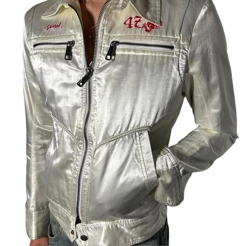NWT Diesel Satin Bomber Jacket Panther Embroidery - Silver/White Size M Rare VTG